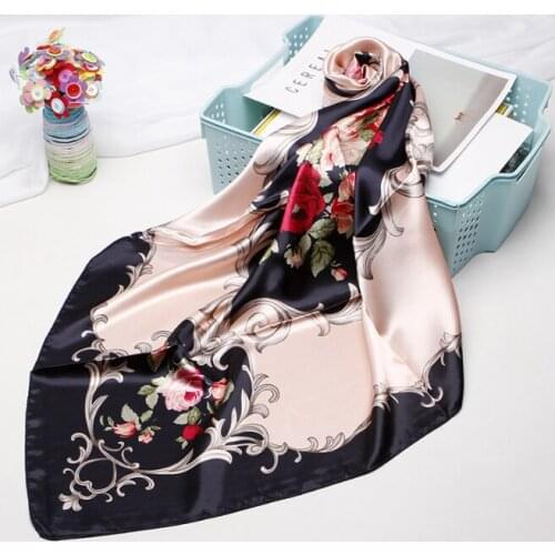 90*90cm Silk Roseflower Scarves Women Foulard Square Head Hijab Scarf Ladies Satiny Shawl wrap muffler pareo female hijab poncho