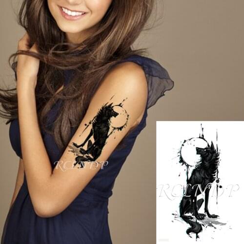 Waterproof Temporary Tattoo Sticker Wolf Staring Moon Big Animal Fake Tatto Flash Tatoo Arm Leg Back Body Art for Men Women