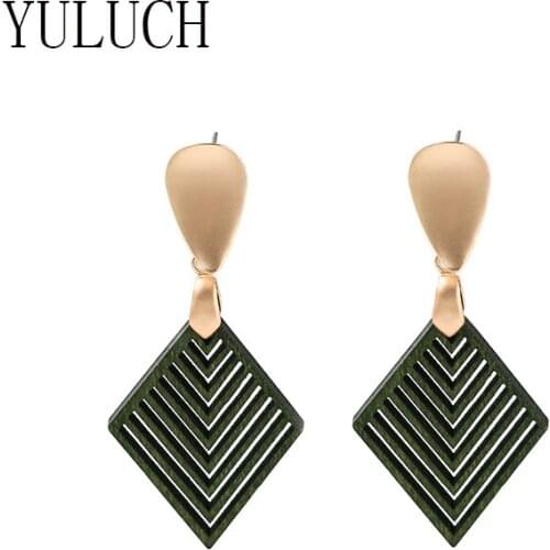 YULUCH Wome New Wood Earring Gold color Alloy Girls Studs Parallelogram Wave Texture solid color earring Accessory