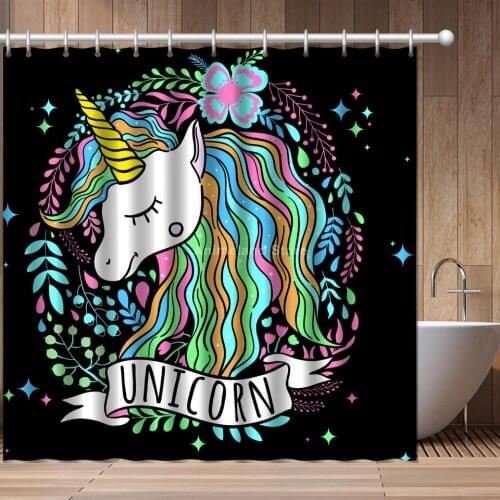 2021 New Unicorn Pink Black 3D Print Shower Curtain Kids Girls Bathroom Set With Waterproof Hook Bath Curtains Cartoon African