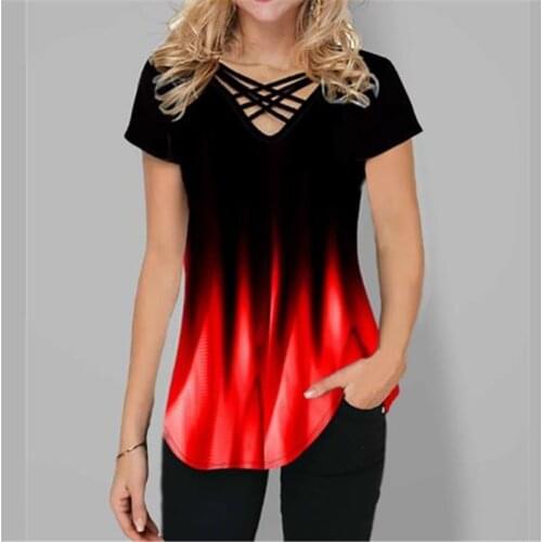 2021 New Female Short-Sleeved Summer Gradient Color Printing Tie-Dye V-Neck T-Shirt Casual Loose Plus Size Female 5XL