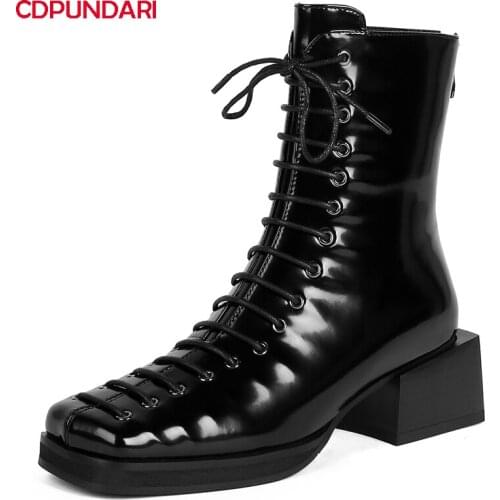 Ladies Black Med Heels Genuine Leather Ankle Boots For Women Autumn Winter Punk Short Boots Shoes Bottines Femme Botines Mujer