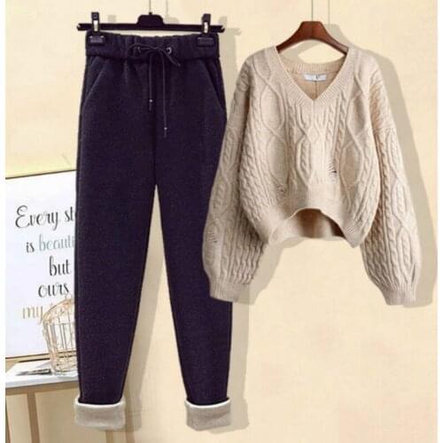 2021 Women Autumn Winter New Elegant 2 Piece Set Lady V-neck Sweater + Lace Up High Waist Pant Set Female Casual Loose Suit