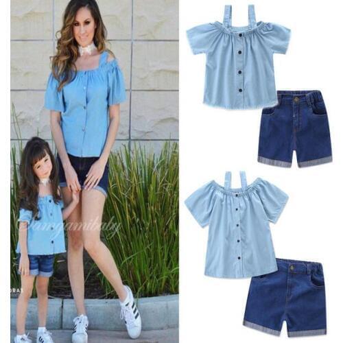 Hot sales Mother Daughter Clothes Set Kids Clothes GirSummer Women Girls Jeans shorts Suit Cover Shirt 2 Unids free shipping