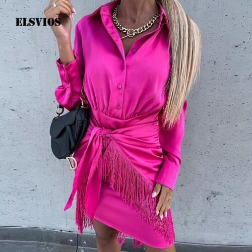 Spring Autumn New Fashion Temperament Irregular Dress Elegant Solid Tassel Short Dress Lady Turn-down Collar Long Sleeve Dresses