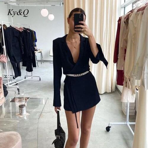 2020 New Office Women Femal Long Sleeve Turn Down Collar Deep V Sexy Mini Beach Elegant Party Belt Shirt Dress Sashes Tunic
