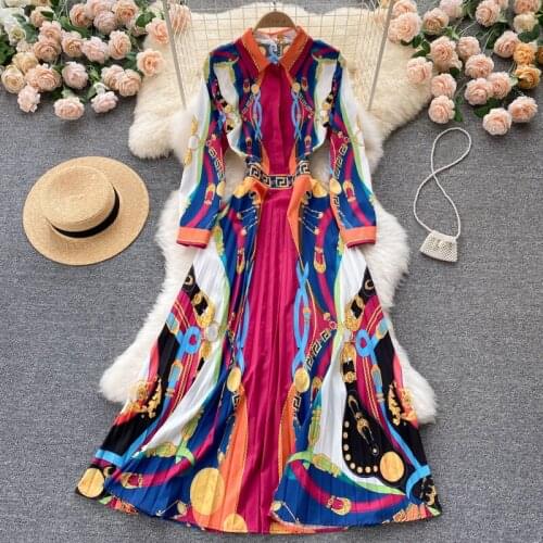 SINGREINY Women Retro Print Dress Turndown-Collar Long Sleeve A-line Pleated Dresses 2021 Autumn Bohemian Casual Vacation Dress