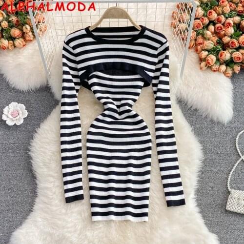 ALPHALMODA Crew Neck Striped Blouse Top + Sling Strip Dress Women Chic Knitted 2pcs Dress Sexy Hollow Chest Ladies Casual Suit
