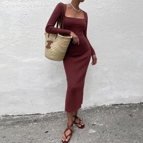 Woman Dress Long Sleeve Ankle-Length Dress for Woman Square Collar Knit Long Dress Sexy Elegant Causal Solid Maxi Dresses