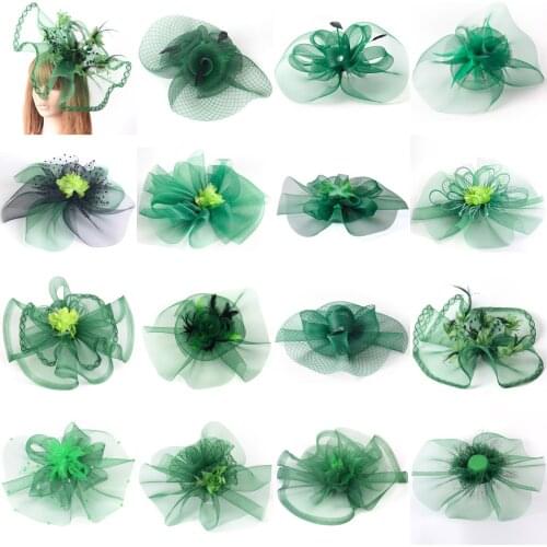 15design Lady Large Hat Handmade Green Fascinator Flowers Feathers Veils Hair Clips Women Cocktail Weddings Party