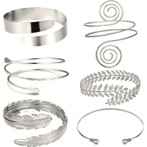 6 Pieces/Set Arm Bracelet for Women Girls Mental Open Upper Arm Bangle Bracelet Simple Adjustable Armlet Armband Set