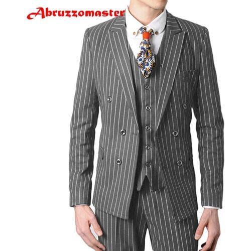 Abruzzomaster Grey Striped Man Suit Striped Fabrics jacket for Wedding Suits Custom Made Business Suit 3 Pieces Groom Tuxedos