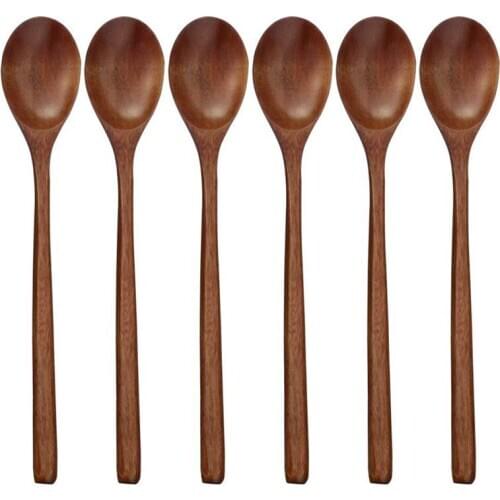 Hot Wooden Spoons, 6 Pieces Wood Soup Spoons for Eating Mixing Stirring Cooking, Long Handle Spoon with Japanese Style Kitchen U