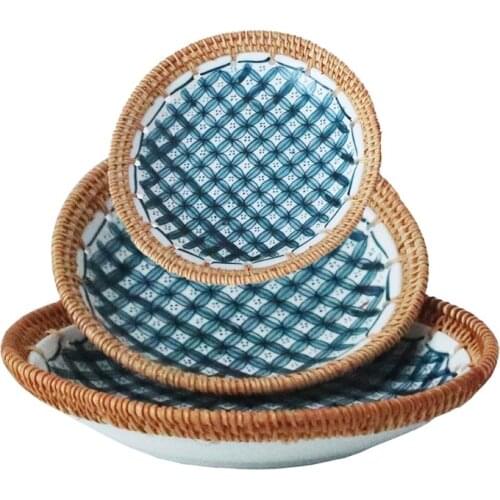 Porcelain Collection Fruit Plate Hand-woven Fruit Baskets Snack Storage Baskets Dining Table Ceramic and Rattan Material
