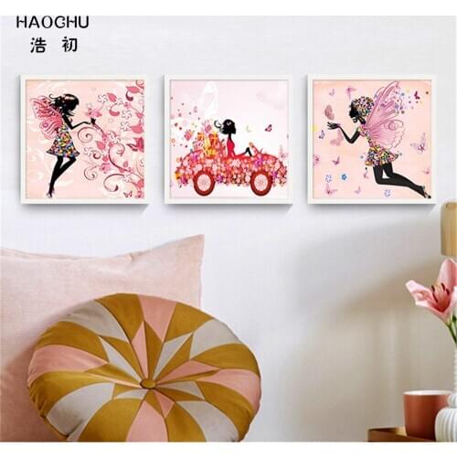 HAOCHU Cartoon Flowers Pink dancing girl murals Canvas Wall Painting decorations for Home study bedroom girl' room School Cafe