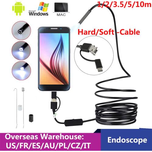 6LED USB Mini Endoscope Camera 1/2/3.5/5/10m Flexible Hard Cable Snake Borescope Inspection Camera for Android Smartphone PC