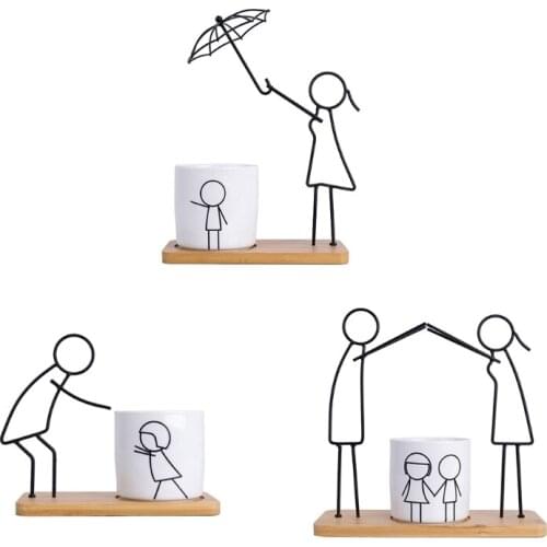 Nordic Style Ceramic Succulent Planter Creative Wrought Iron Abstract Parent-Child Theme Plant Flower Pot Cactus Holder with