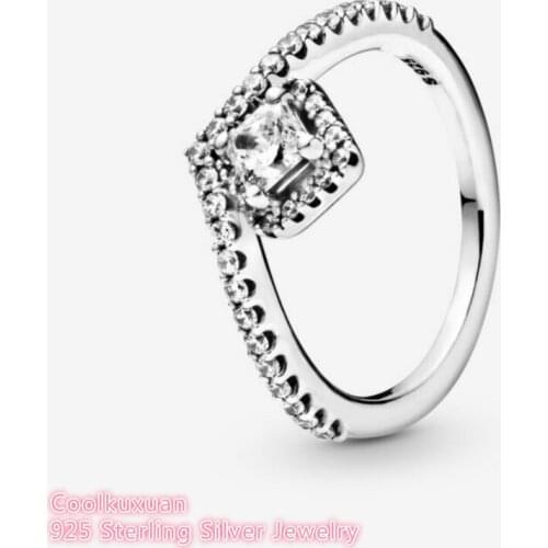 100% 925 Sterling Silver Square Sparkle Wishbone Ring For Women Wedding Gift Original Jewelry Accessories
