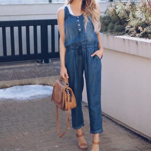 Women Strap Wide Legs Bodycon Jumpsuit Cowboy Romper Sleeveless Denim Trousers Clubwear Spring Autumn Casual Button Bow Fashion
