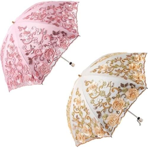 Lace Parasol Folding Flower Umbrella Rain Women Two Folding Umbrella Female Rain Tools Unique Parasol Umbrella