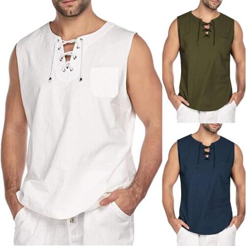 Casual tank top Men Summer Solid Color Sleeveless Vest Men V Neck Bandage Pocket Vest men tank Top Male Tees Men Clothing