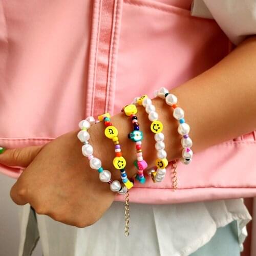 2021 New Boho Colorful Fruit Smiley Beaded Bracelet For Women Rainbow Rice Bead Pearl Handmade Bracelet On Hands Beach Jewelry