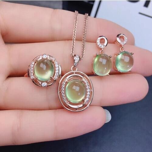 New Arrival Real and Natural Prehnite jewelry set 1pc Prehnite ring 1pc Prehnite pendant 1pair stud earring 925 sterling silver