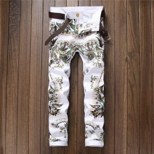 New Fashion Brand White Printed Men Jeans Male Cotton Jeans For Man Mens Casual Phoenix Printing Pants Hombre 581