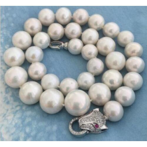 Huge 18" 14-12MM SOUTH SEA NATURAL White PEARL NECKLACE Leopard head CLASP