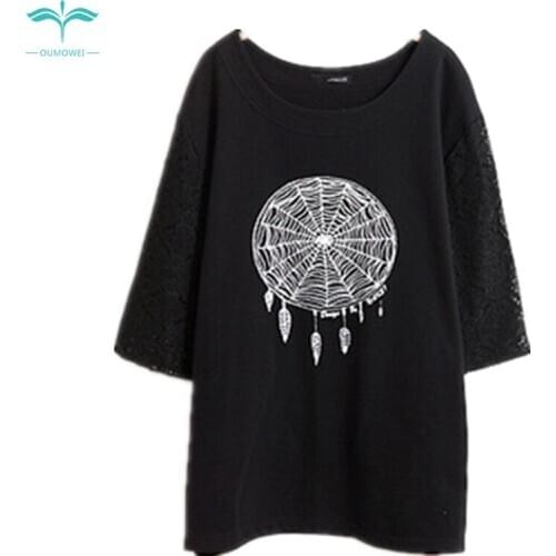 OUMOWEI Womens T-Shirt Fashion New Five-Sleeve T-Shirt Loose Thin Tops T-Shirt Spider Net Lace Sleeve Shirt M-6XL