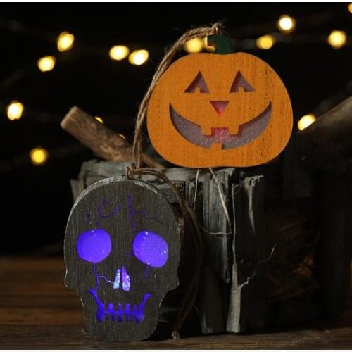 Skull Pumpkin Pendant Lamp LED Night Light Halloween Creative Horror Wooden Lantern Pendant Lamp Party Festive Decorations