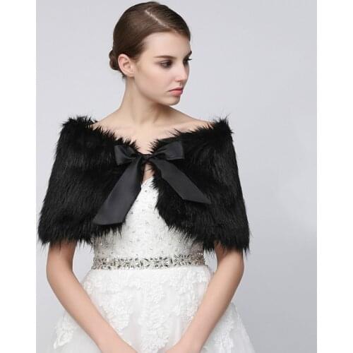 In Stock Wedding Bridal Wraps Black Faux Fur Bolero Winter Bride Wedding Shawls with Bow Wedding Accessories