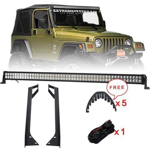 Offroad 288W 50 Inch LED Light Bar Combo Beam + Windshield Mounting Brackets Kit + Wire Harness for Jeep Wrangler YJ 1987-1995