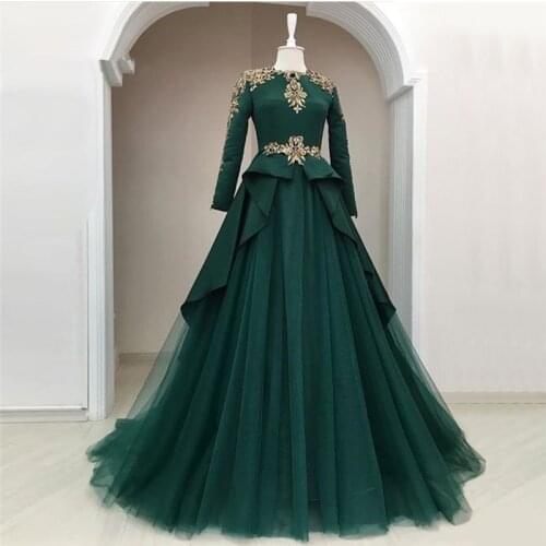Green Muslim Evening Dresses A-line Long Sleeves Tulle Lace Crystals Islamic Dubai Saudi Arabic Long Evening Gown