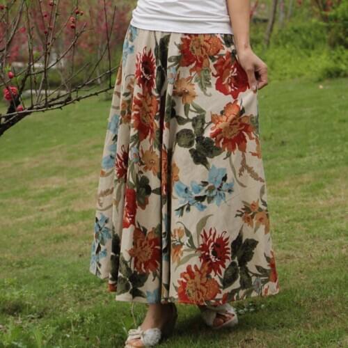 New 2020 Spring Women Print Long Skirt High Waist Vintage Skirt Plus Size Bohemia Cotton Linen Pleated Skirt Skirts Women S4551