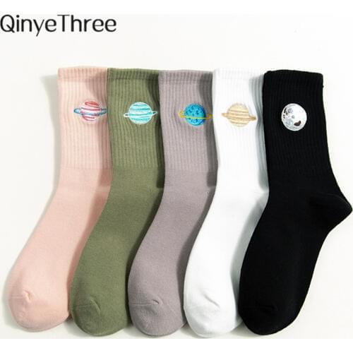 Women Cotton Socks All Seasons New Fashion Space Embroidery Wild Series Ladies College Wind Sweet Deodorant Socks INS Dropship