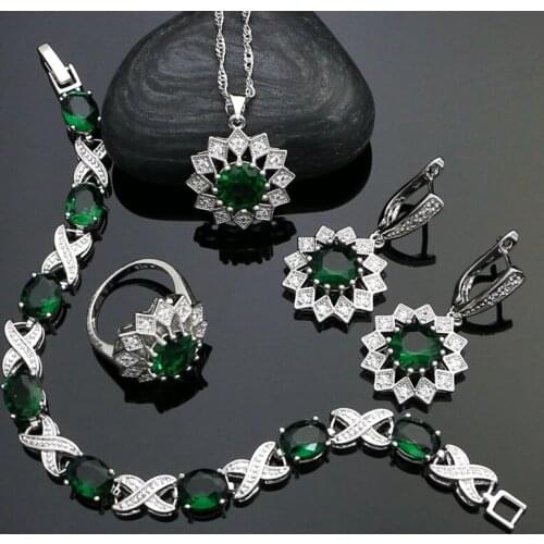 925 Sterling Silver Jewelry Sets For Women Green Stone White Cubic Zirconia Earrings/Pendant/Necklace/Ring/Bracelet
