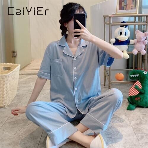 CAIYIER New Summer Cotton Pajamas Set Short Sleeve Tops+Trousers Sleepwear Women Casual Pure Color Turn-down Collar Nightwear
