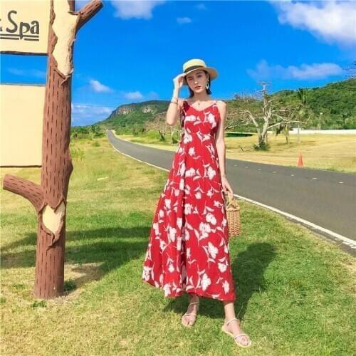 BLLOCUE Runway Designer Flower Suspenders Dress Summer Womens V-neck Halter Floral Print Boho Dress Female