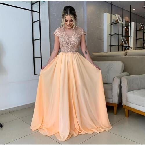 Evening Dress 2021 Orange Long Sleeve Floor Length Chiffon Lace Appliques O-Neck Gorgeous Short Sleeve Women Party Formal