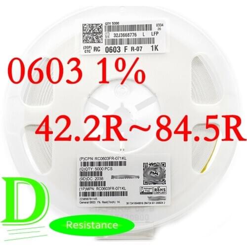 100PCS SMD Resistor RC Series 0603 1% Original RC0603FR-07 Series 42.2R-84.5R All resistors 43R 47R 51R 56R 62R 68R 75R 82R