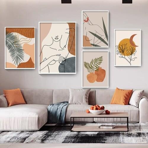 Abstract Wall Art Canvas Painting Woman Body Line Posters And Prints Boho Plant Vintage Wall Pictures For Living Room Decor