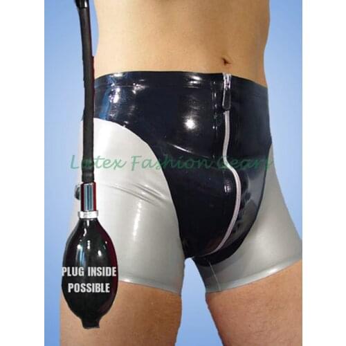 Free Shipping!!! Black with silver handmade latex shorts / underwear male boxer shorts front zipper plus size
