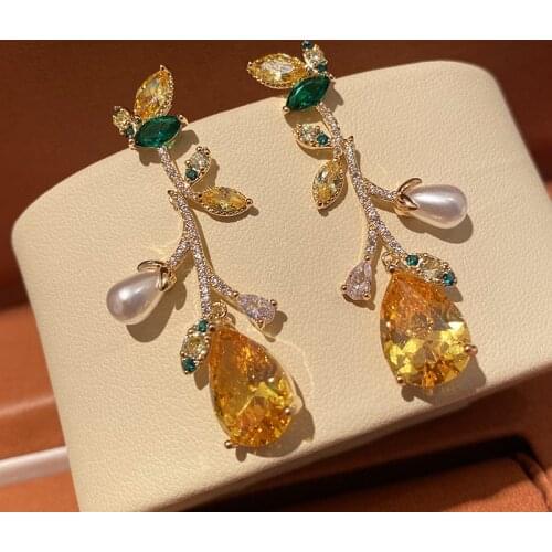 Bilincolor Trendy White Pearl Yellow Dangling Earring for Women Wedding Jewelry