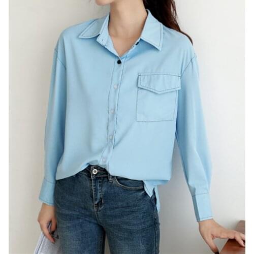 Spring Autumn 2021 New One Pocket Blue Womens Blouse Shirts Chic Single Breasted Casual Female Work Wear Blouses Office Lady