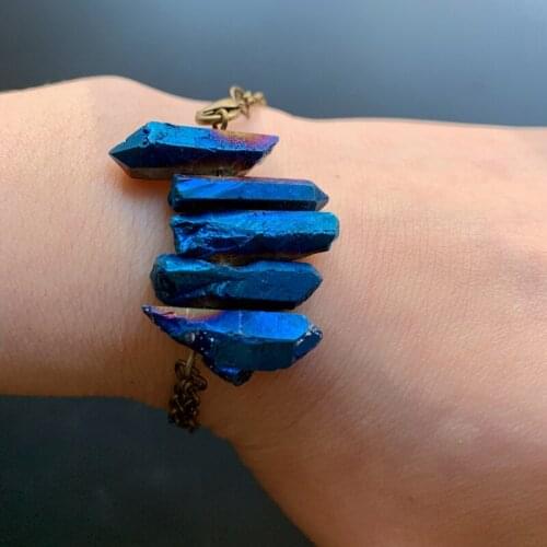 Natural Crystal Point Coated Stone Bracelet Blue Natural Quartz Crystals Link Chain Bracelet Girls Women 1pc
