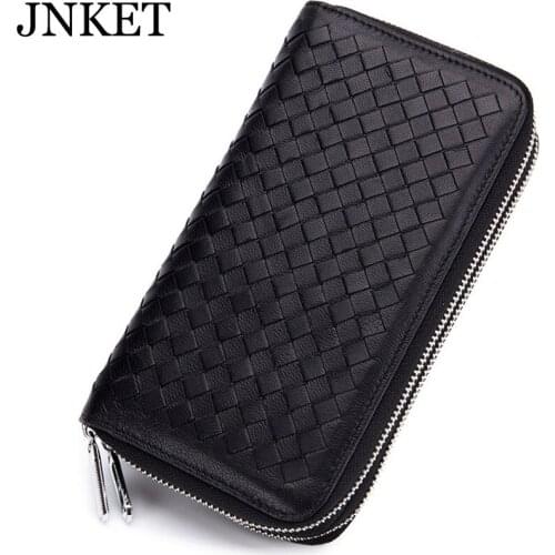 JNKET New Mens Sheepskin Wallet RFID Blocking Wallet Double Zipper Wallet Credit Card Wallet Large Capacity Women Handbag