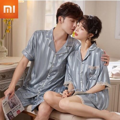 Xiaomi Summer Faux Silk Women Pajamas Lace stripe Solid Blue Pajamas Sleepwear Casual Nightwear Couple Soft Satin Homewear