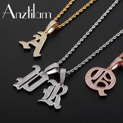 Hip Hop Pave Setting Cubic Zircon Stone Bling Vintage Iced Out Pendants A-Z Letters Necklace For Men Rapper Jewelry