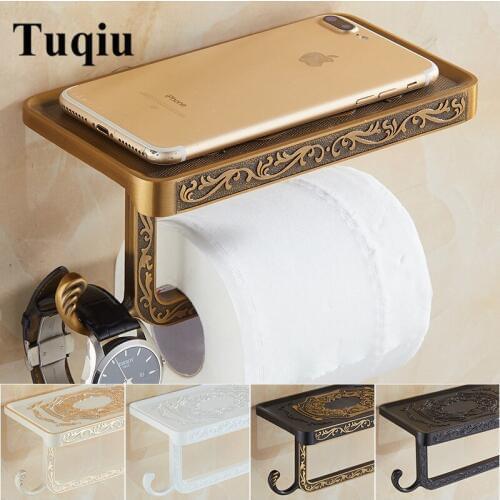 Vidric Wall Mounted Toilet Paper Holder Bathroom Accessories Fixture Antique Carved Roll Paper Holders with Phone Shelf